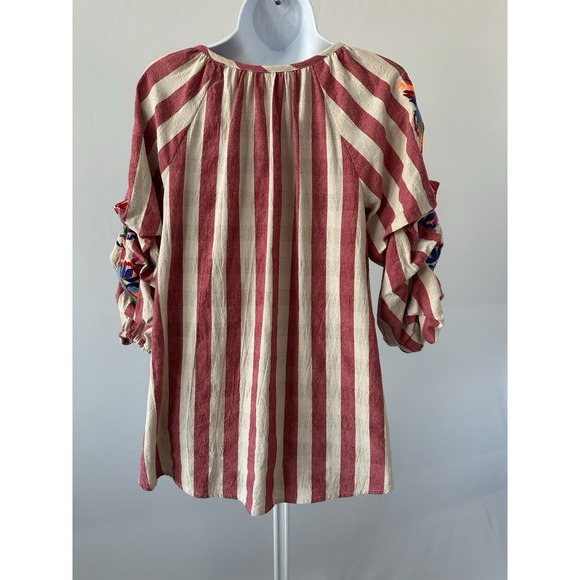 See And Be Seen Linen Bl Red Stripe Floral Embroidered Boho Top, Sz: Small (B51) - Picture 4 of 6